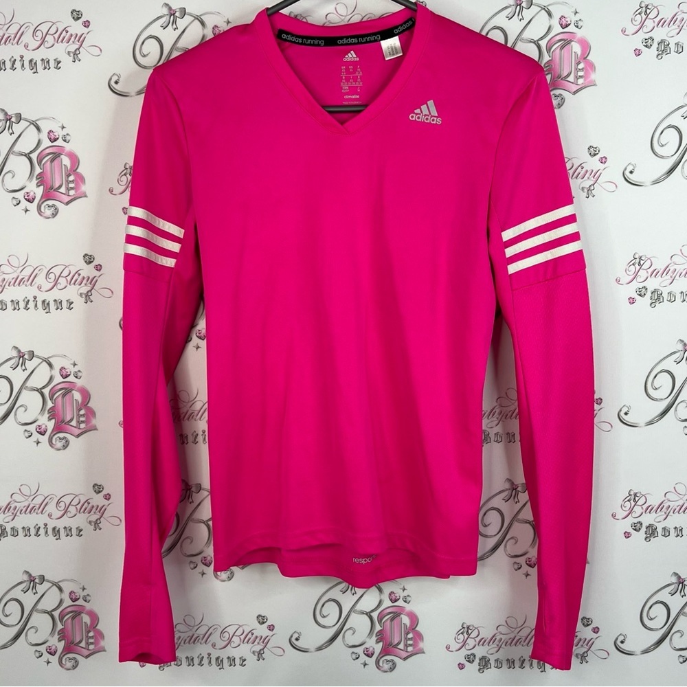 Adidas long sleeve white stripes neon pink Fuchsia Long Sleeve Top running